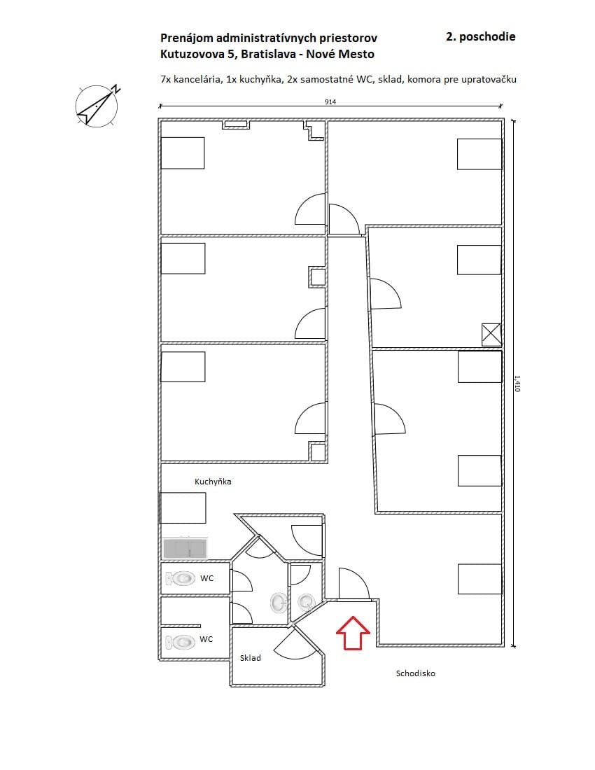 Administratívne priestory,132 m2, 7 kancelárií - vlastná kuchyňka+2xWC, sklad, pri Vivo