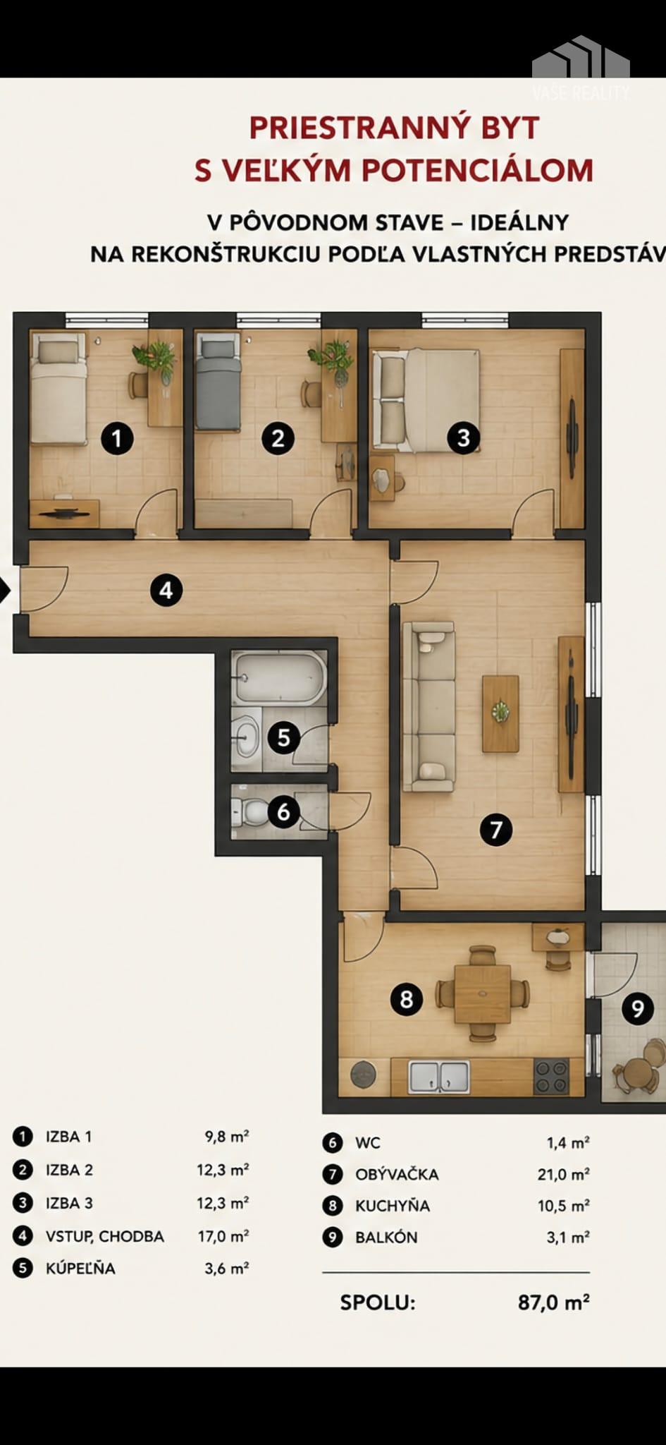 4-IZBOVÝ BYT 87 m² | TRENČIANSKE TEPLICE | VÝBORNÁ LOKALITA | PONÚKNITE CENU – fotka 2