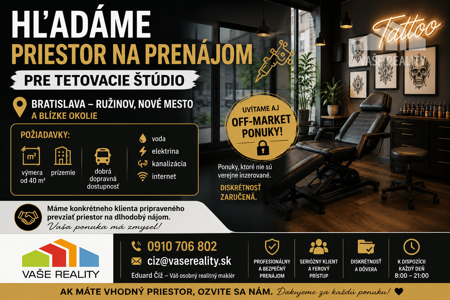 Hľadáme priestor od 40 m², BA – Ružinov na tetovacie štúdio