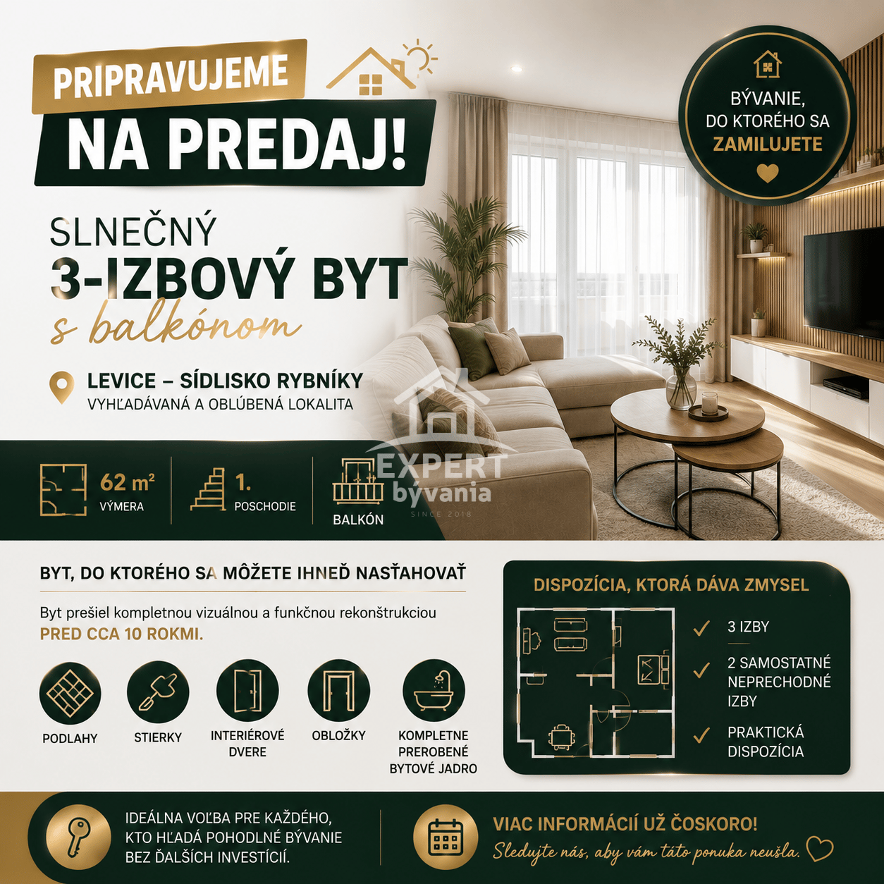 🏡 PRIPRAVUJEME DO PREDAJA | LEVICE – RYBNÍKY I ✨ SLNEČNÝ 3-IZBOVÝ BYT S BALKÓNOM