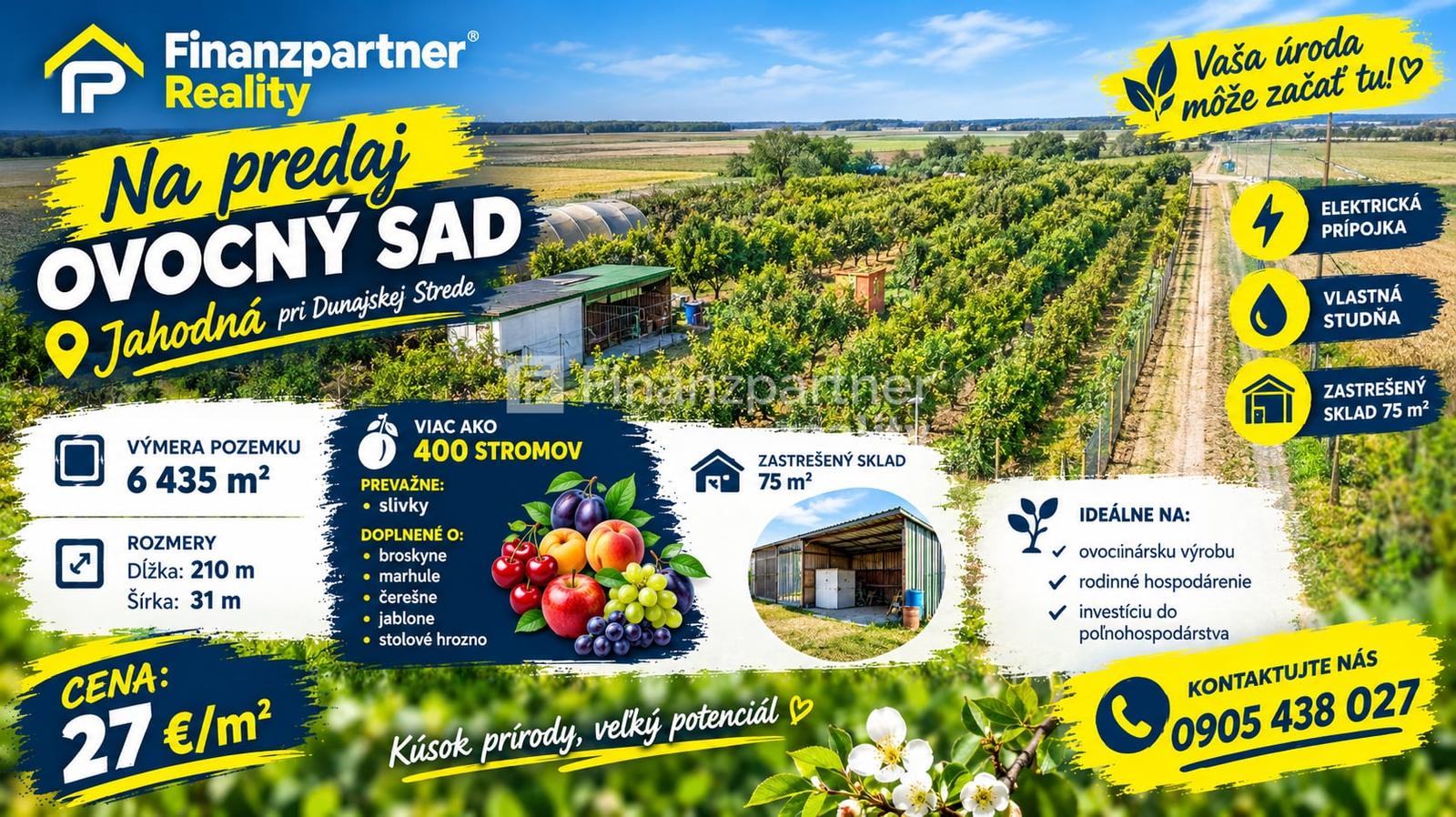 Exkluzívne na predaj ovocný sad 6435m² v obci Jahodná