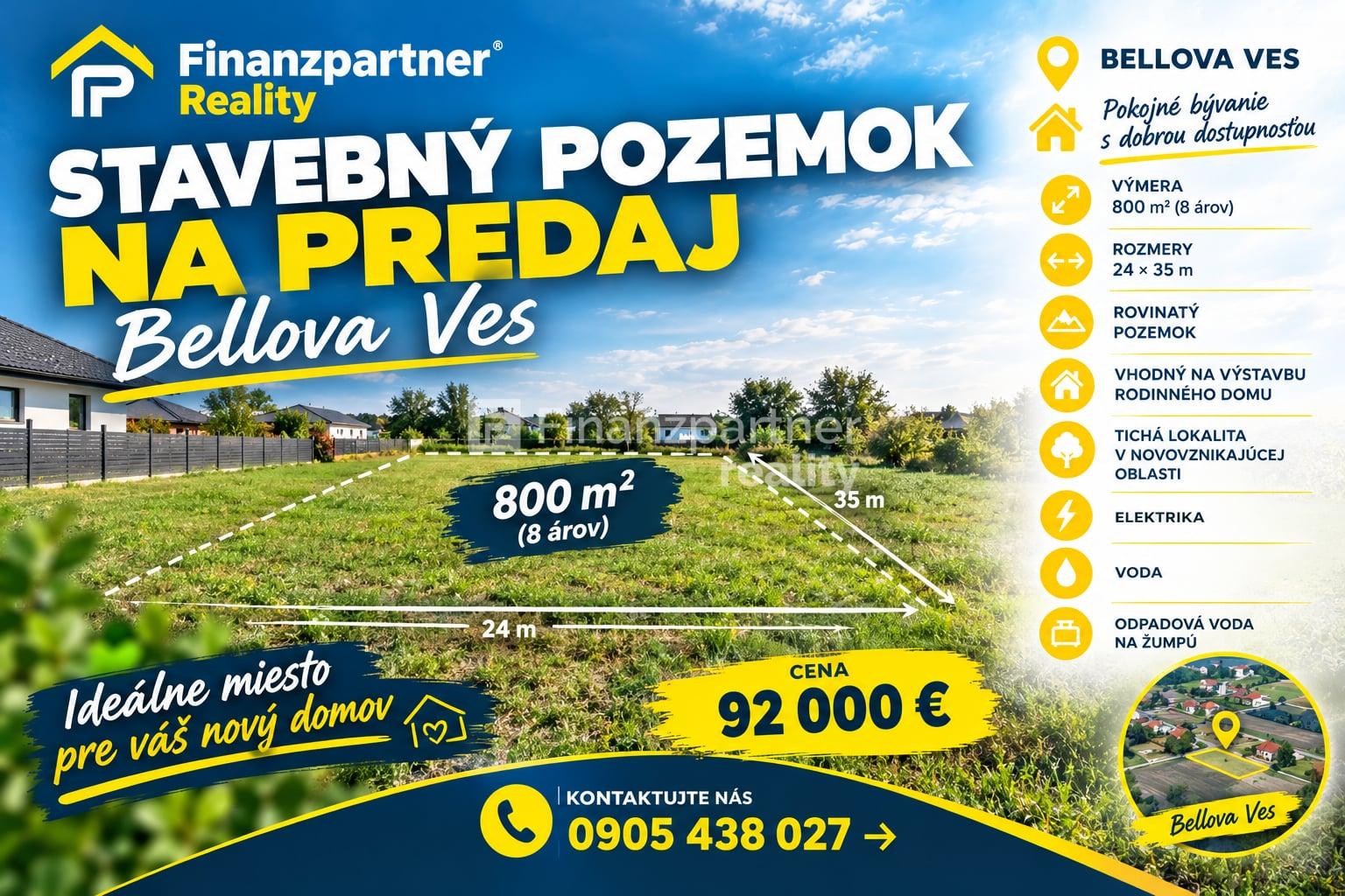 Stavebný pozemok (8 árov) na predaj Bellova Ves