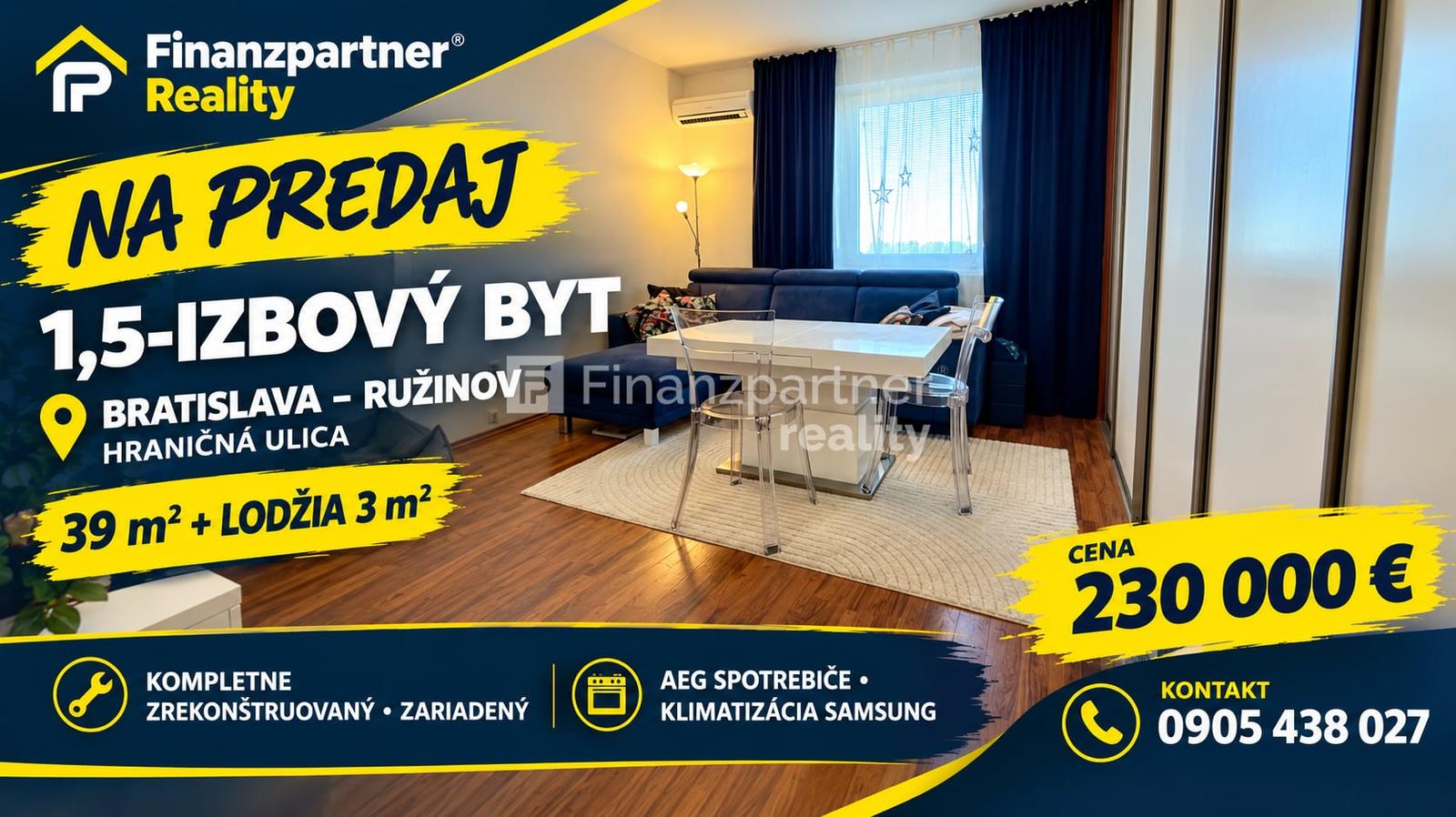 1,5-IZBOVÝ BYT PO KOMPLETNEJ REKONŠTRUKCII V RUŽINOVE – HRANIČNÁ UL. | LODŽIA | KLIMATIZÁCIA | ZARIADENÝ