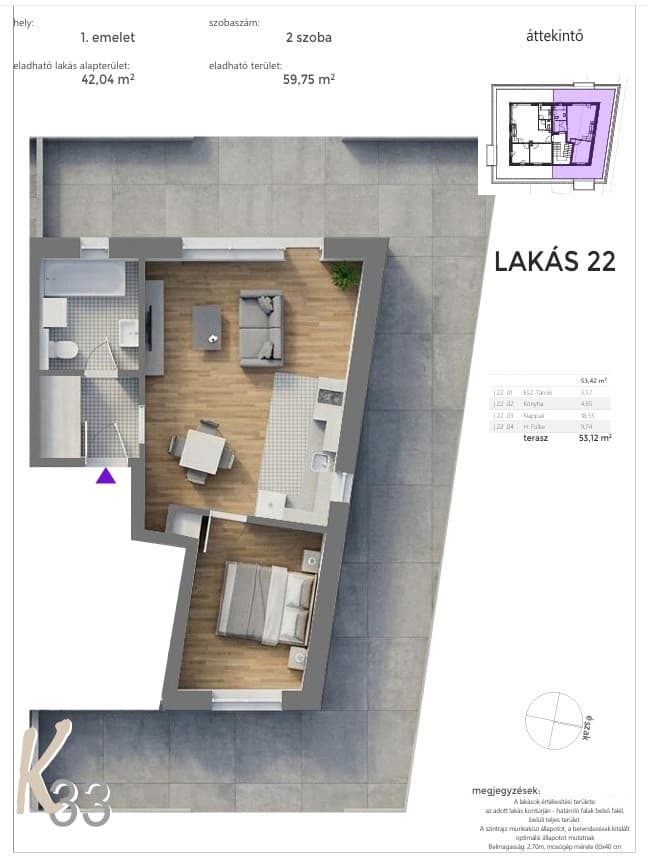 Predaj 2i byt s 53 m2 terasou  v novom projekte na nábreží v centre mesta Mosonmagyaróvár
