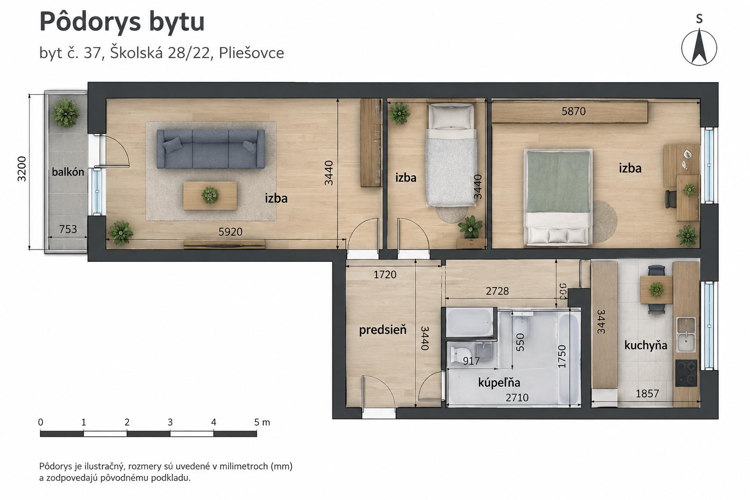 ViP. Veľký 2-i byt 64 m² + balkón, mur. jadro, Pliešovce – fotka 2