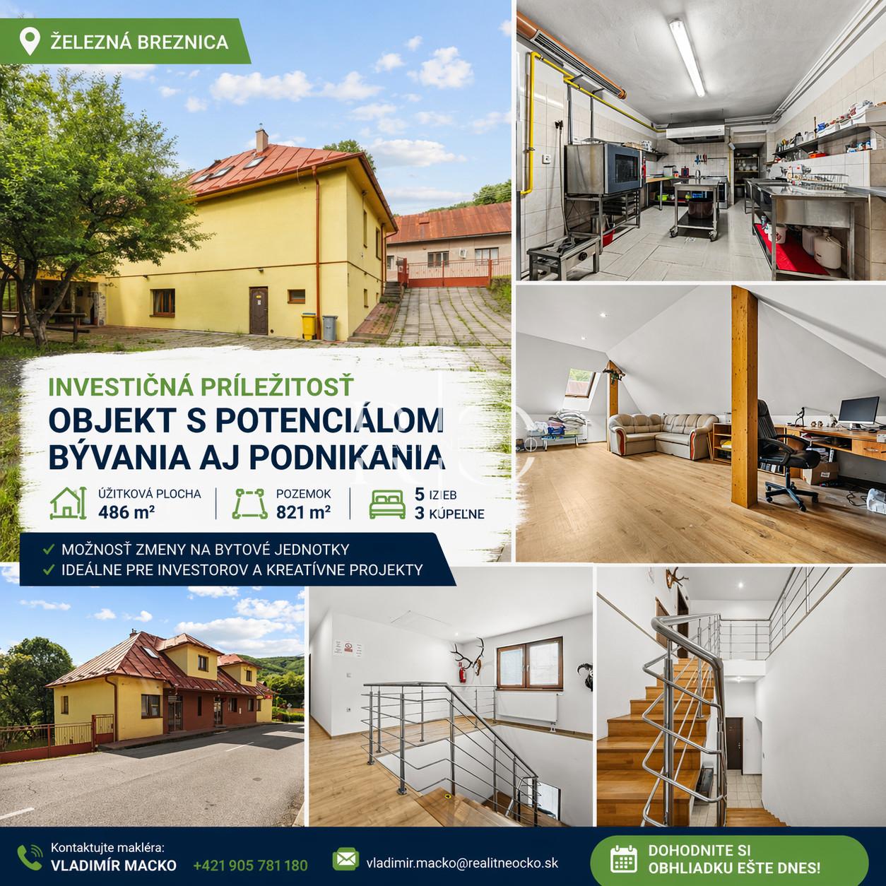 POLYFUNKČNÝ OBJEKT 486 m²  ŽELEZNÁ BREZNICA BÝVANIE+PODNIKANIE