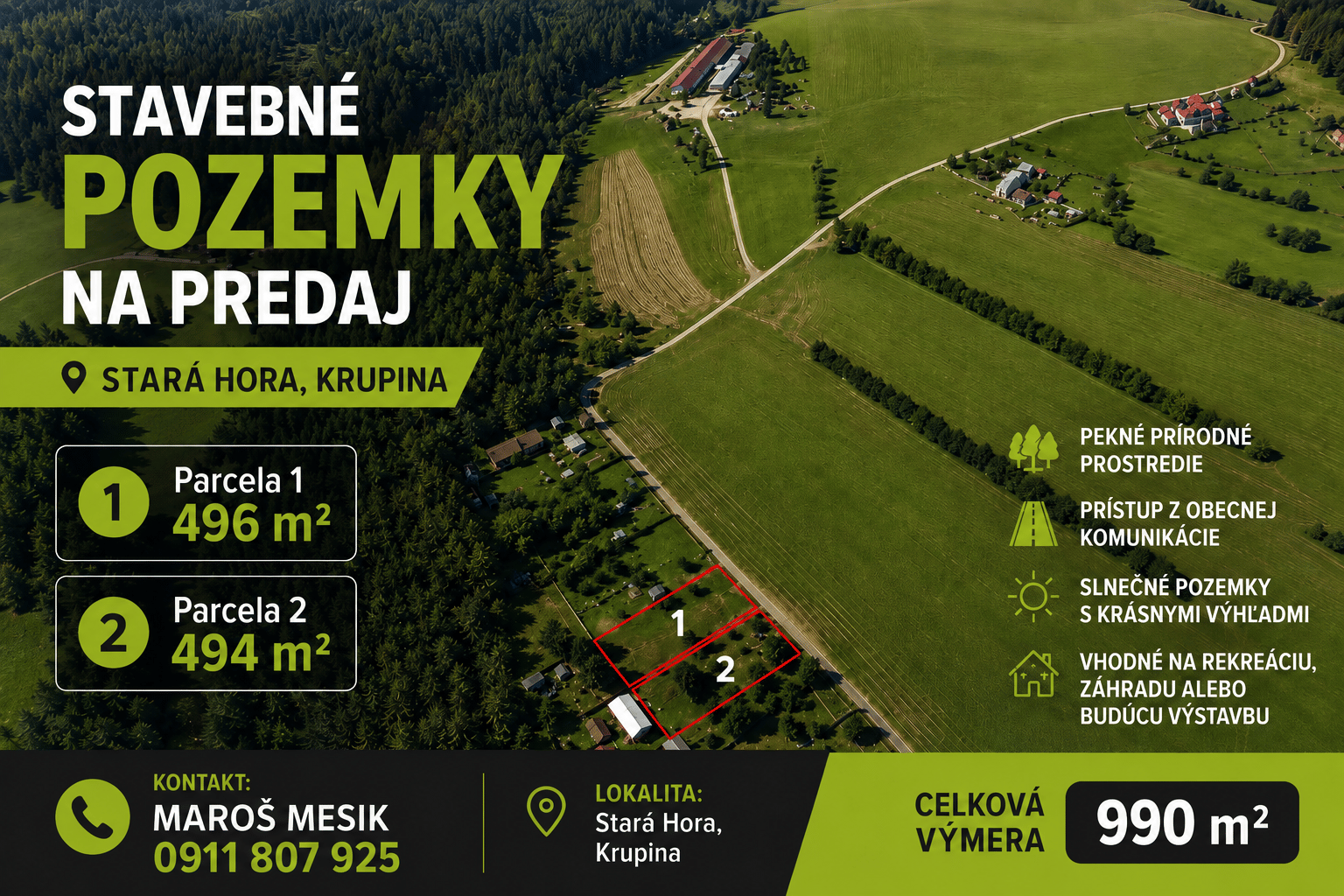 Dva slnečné pozemky - spolu 990 m² | Stará Hora – Krupina | voda na pozemku, elektrina pri pozemku – fotka 2