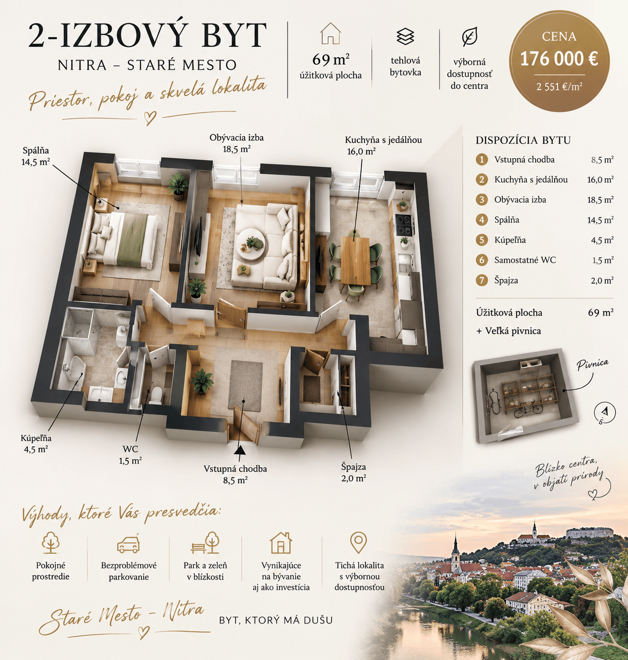 🏡 2-IZBOVÝ BYT 69 m² | NITRA – STARÉ MESTO | 176 000 €