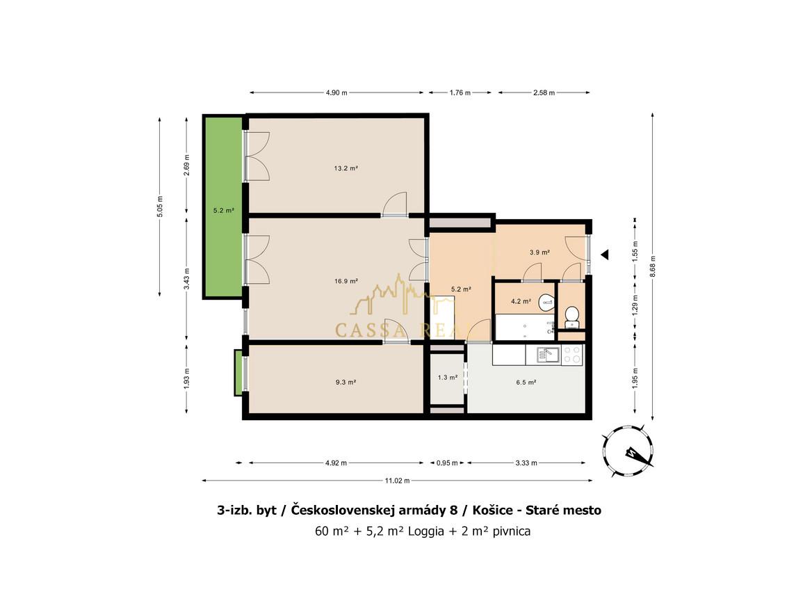 TEHLOVÝ 3-izb. byt 67 m² s veľkou loggiou do dvora / ul. ČSA / Staré mesto - Centrum – fotka 2