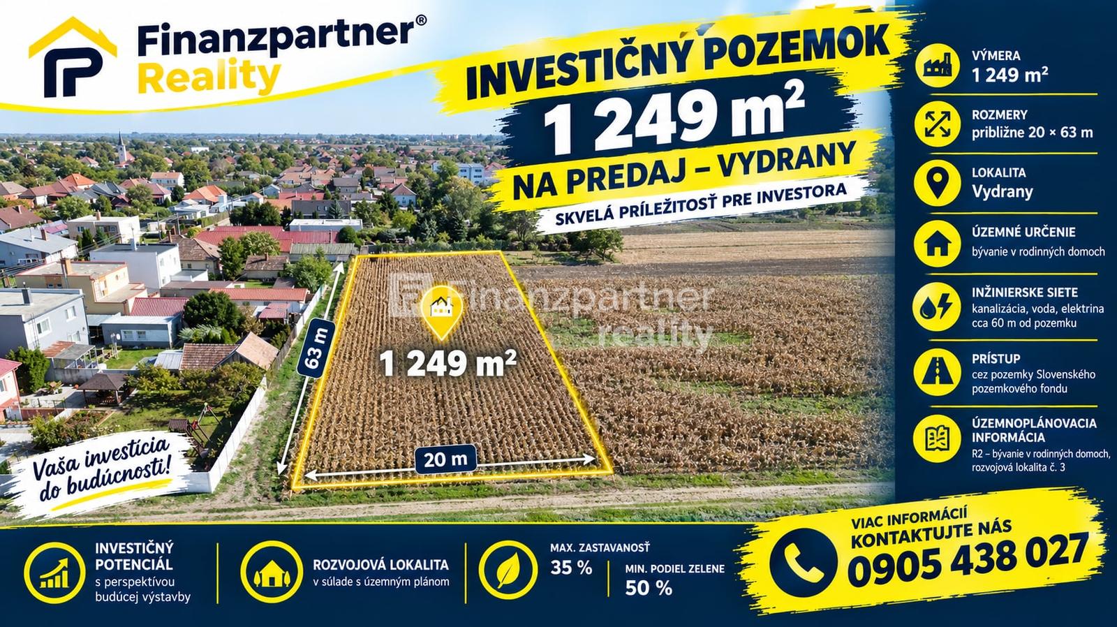 INVESTIČNÝ POZEMOK 1 249 m² NA PREDAJ – VYDRANY